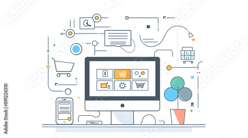 Illustration of an e-commerce platform in the flat design style with simple line art and white background.