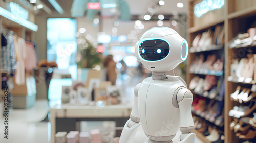 Wallpaper Mural A white humanoid robot with glowing blue eyes standing in the middle of an urban shopping mall, Torontodigital.ca