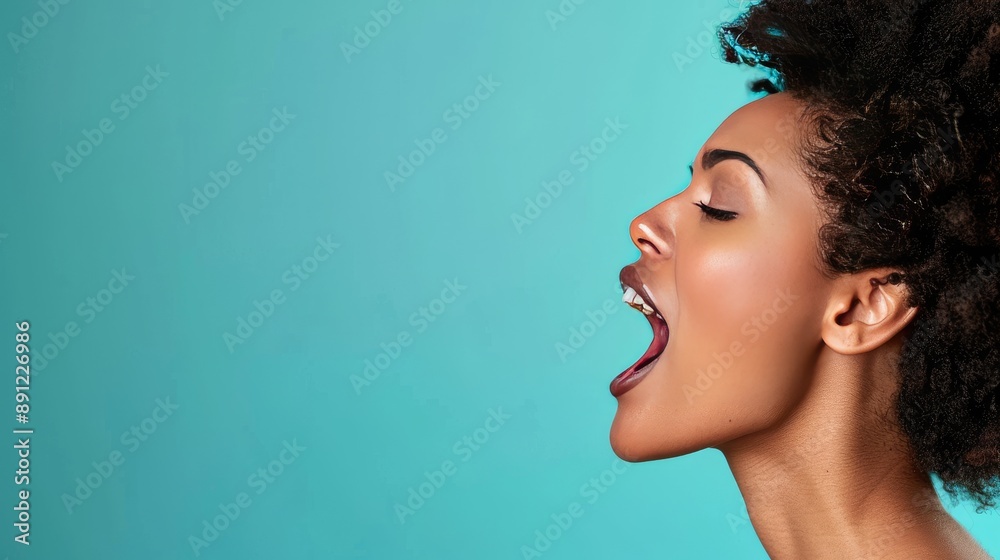 Energetic woman in side profile, calling out loudly on a solid color background. Perfect for announcements, text space available Energetic woman in side profile, calling out loudly on a solid color background. Perfect for announcements, text space available