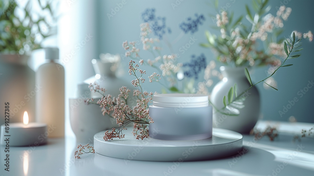 Empty facial cream jar with fresh atmosphere and blue light. generated by AI Empty facial cream jar with fresh atmosphere and blue light. generated by AI