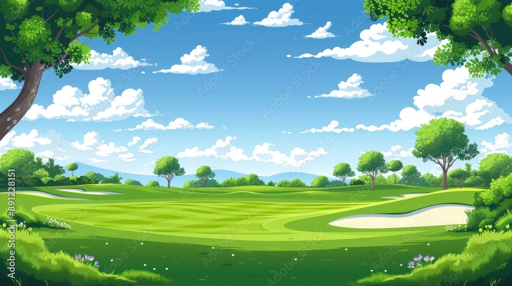 Golf course with lush green grass and trees, illustrated in a cartoon style, under a blue sky with scattered white clouds. Fun and lively Golf course with lush green grass and trees, illustrated in a cartoon style, under a blue sky with scattered white clouds. Fun and lively