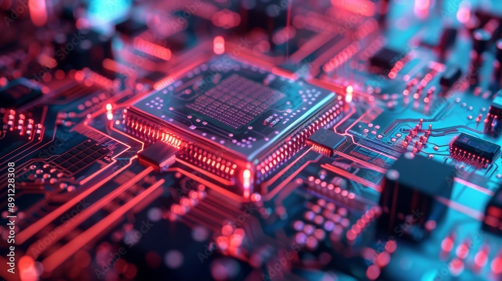 A computer chip is shown in red and blue A computer chip is shown in red and blue