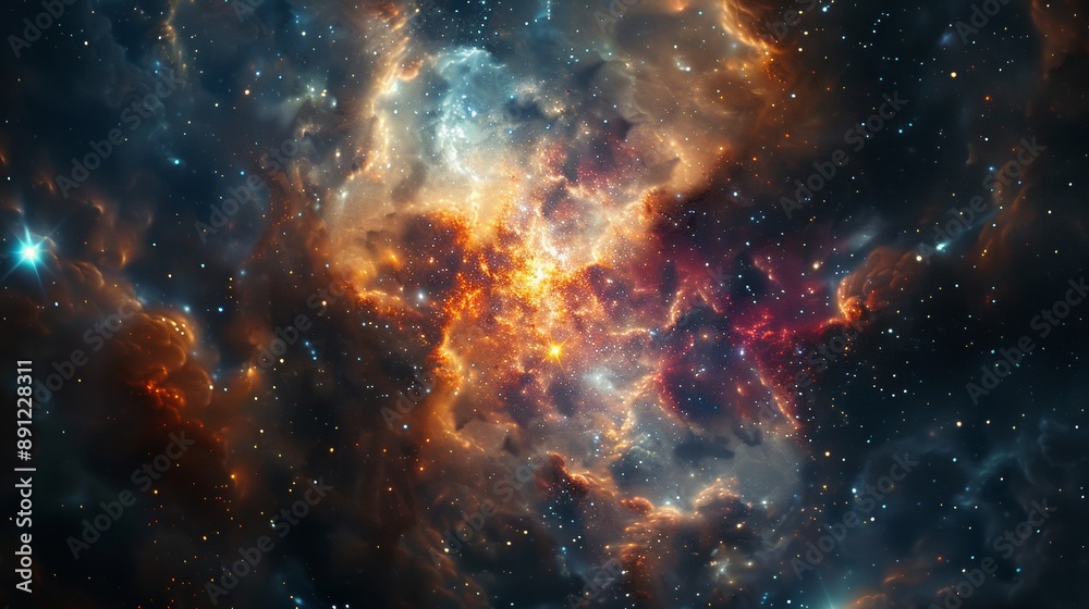 Naklejka premium A colorful space scene with a large orange cloud in the middle