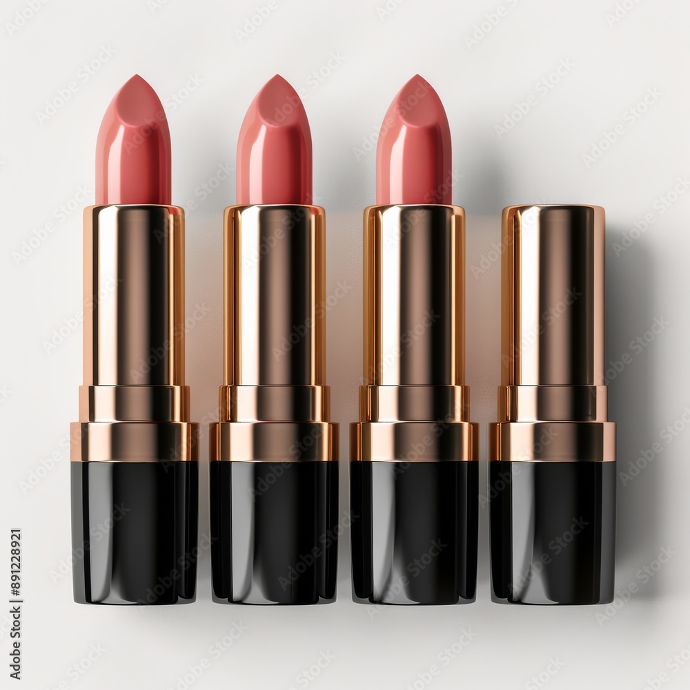 A row of four elegant lipsticks in matching shades of pink and gold packaging, perfect for makeup and beauty style photos. A row of four elegant lipsticks in matching shades of pink and gold packaging, perfect for makeup and beauty style photos.
