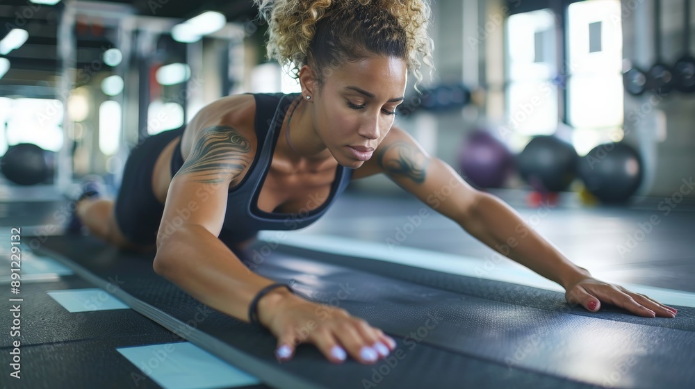 Woman performing a plank exercise on a mat in a gym Woman performing a plank exercise on a mat in a gym