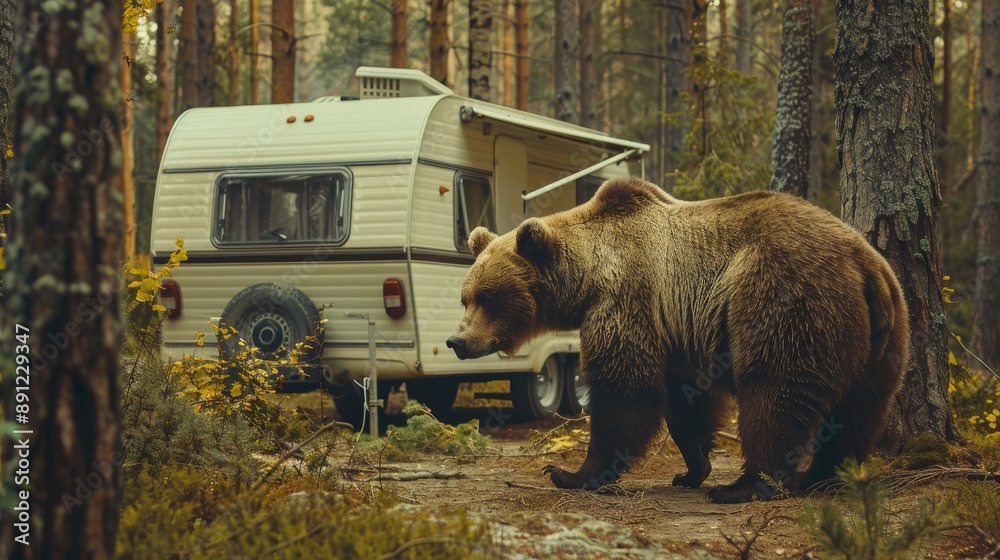 Large bear next to a retro RV caravan in a forest landscape. Wildlife ...