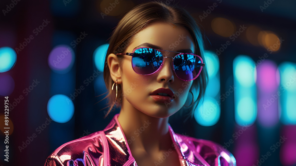 Fashion editorial Concept. Young trendy woman in plastic shiny top and sunglass in bokeh neon fluorescent light glow shining light background. copy text space Fashion editorial Concept. Young trendy woman in plastic shiny top and sunglass in bokeh neon fluorescent light glow shining light background. copy text space