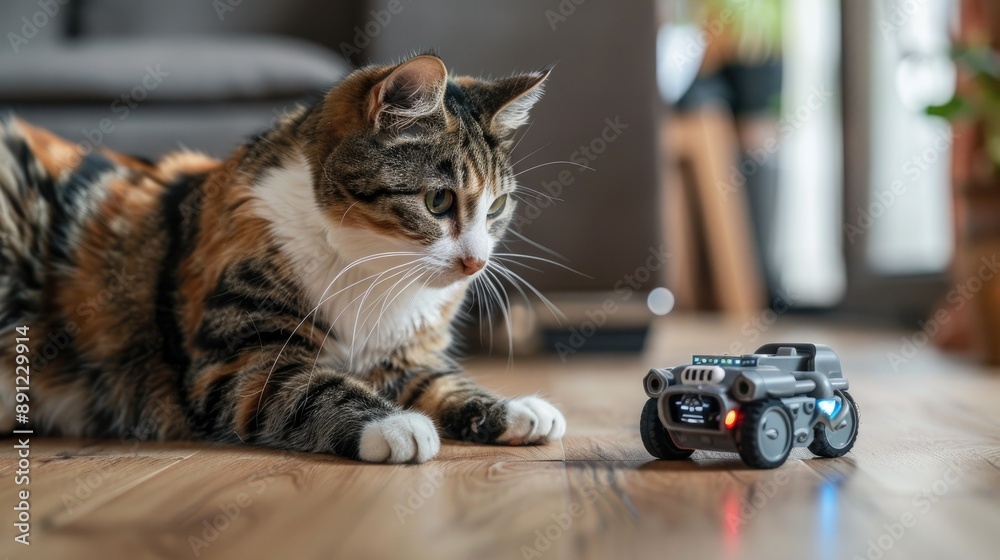 A cat entertained by a moving robotic toy. A cat entertained by a moving robotic toy.
