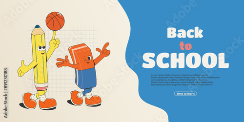 A horizontal "Back to School" banner. An educational concept. Cartoon groovy characters: an eraser and a pencil with a basketball. Retro style. Vector illustration.