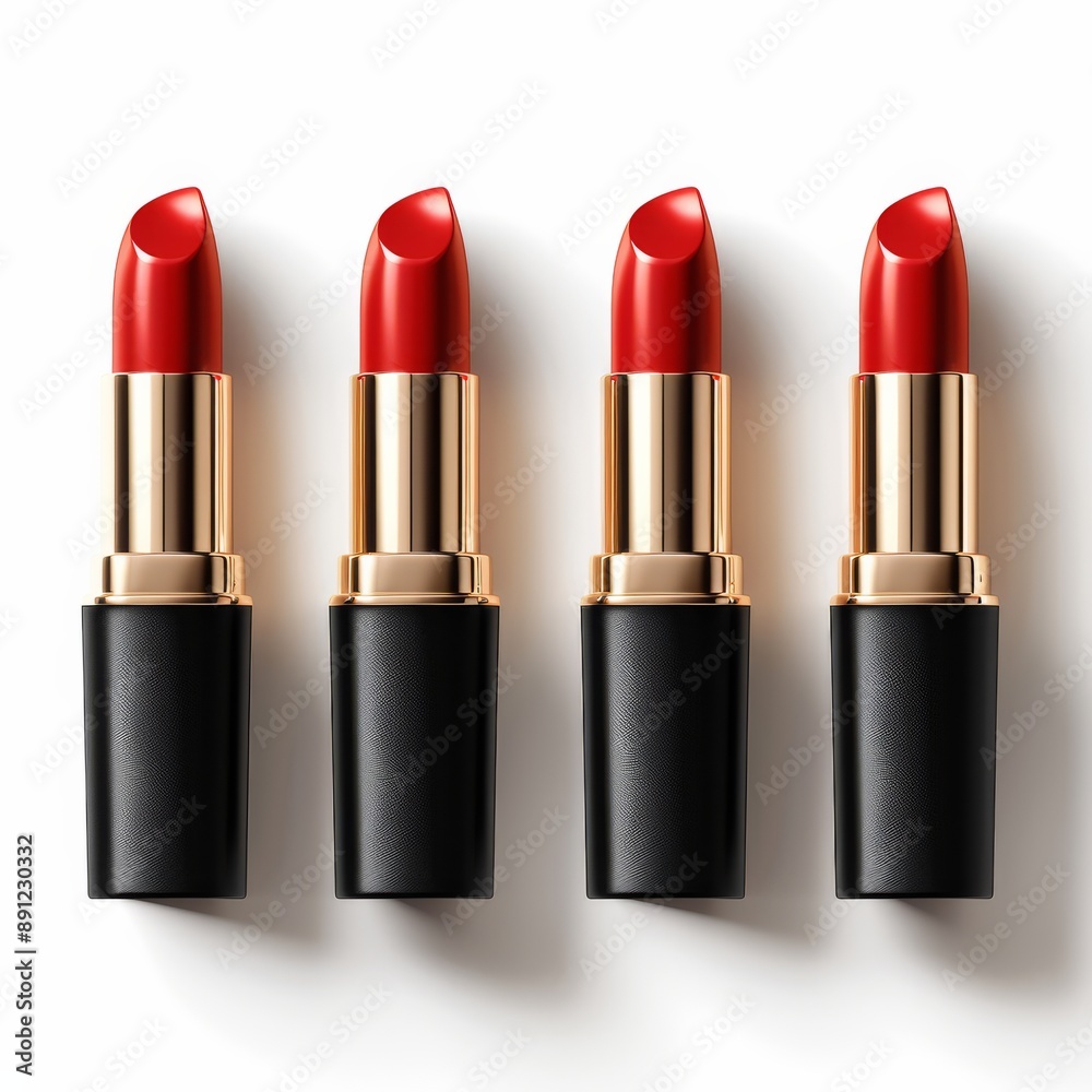 Four stylish red lipsticks in black and gold tubes lined up in a row against a white background. Perfect for beauty and makeup themes. Four stylish red lipsticks in black and gold tubes lined up in a row against a white background. Perfect for beauty and makeup themes.
