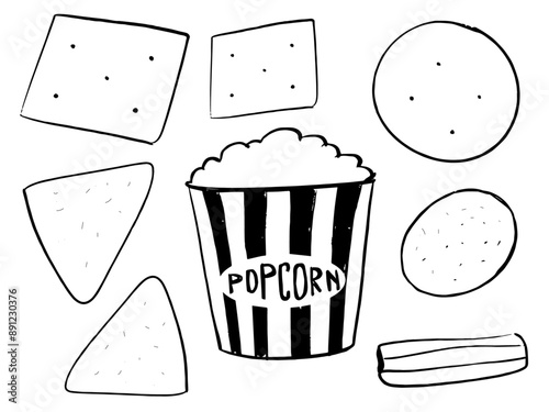 set of snacks illustration, popcorn and crackers