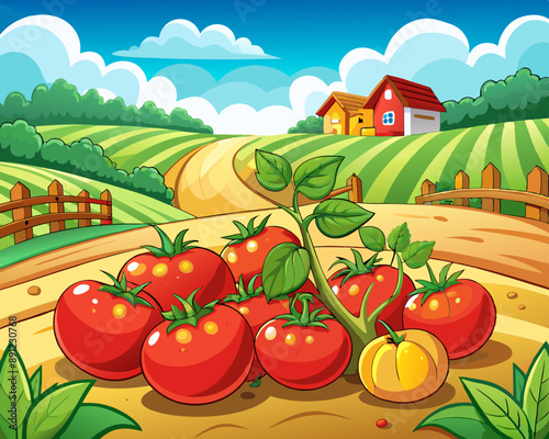  illustration Vector of fresh tomatos with leaves on isolated farm background, hand drawn vegetabes and fruit cartoon photo