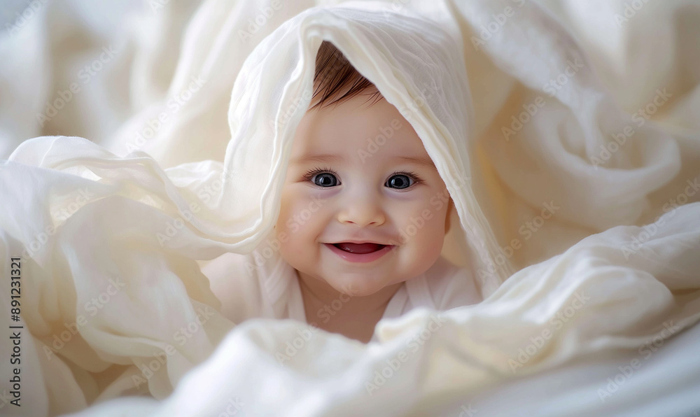 A close-up of a happy baby under a white blanket, copy space, Generative AI.