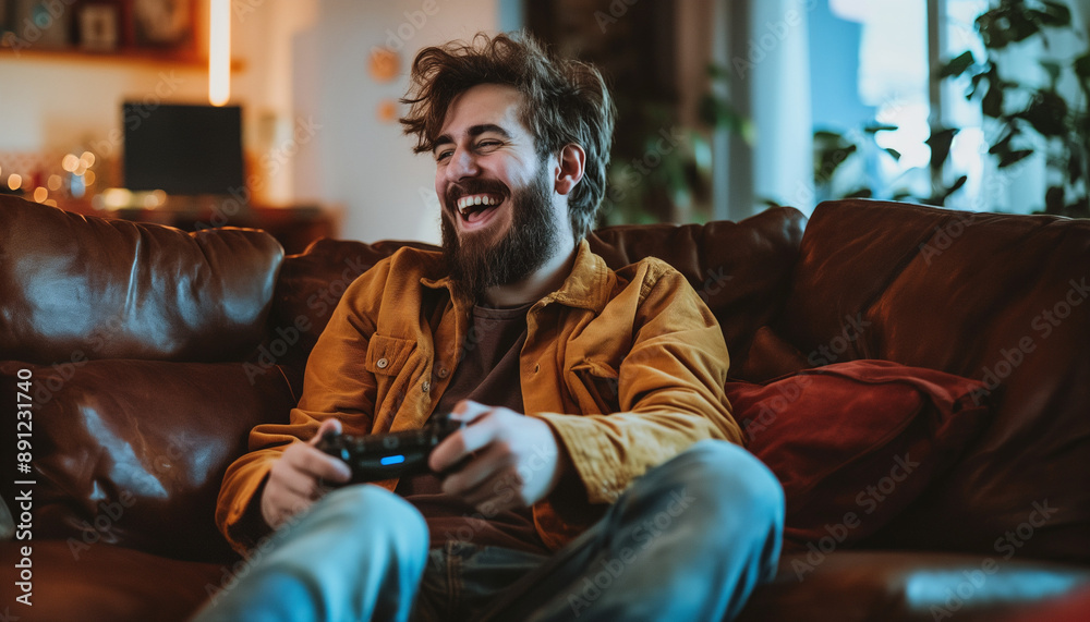 A guy playing video game in the living room, copy space, Generative AI. A guy playing video game in the living room, copy space, Generative AI.