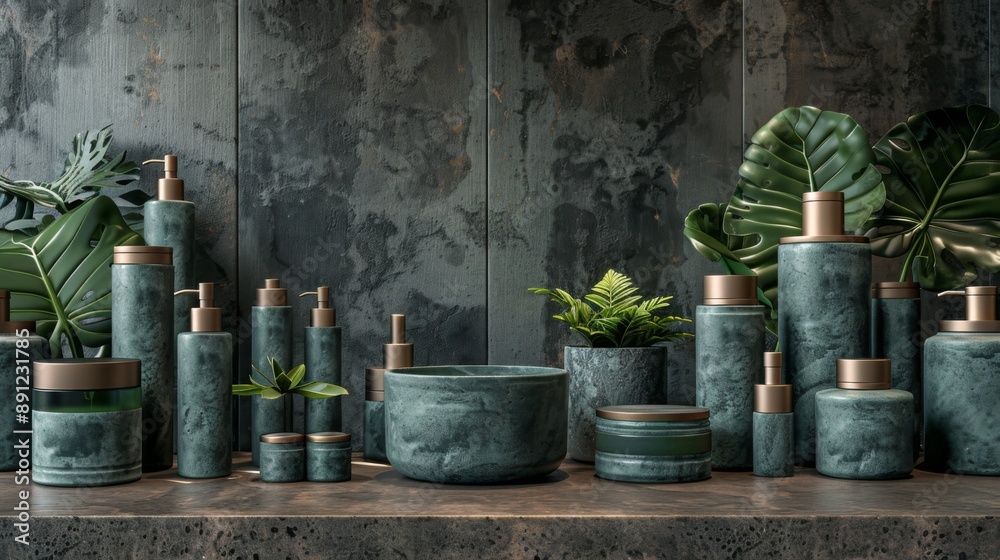 Green Marbled Bathroom Accessories with Tropical Plants Green Marbled Bathroom Accessories with Tropical Plants