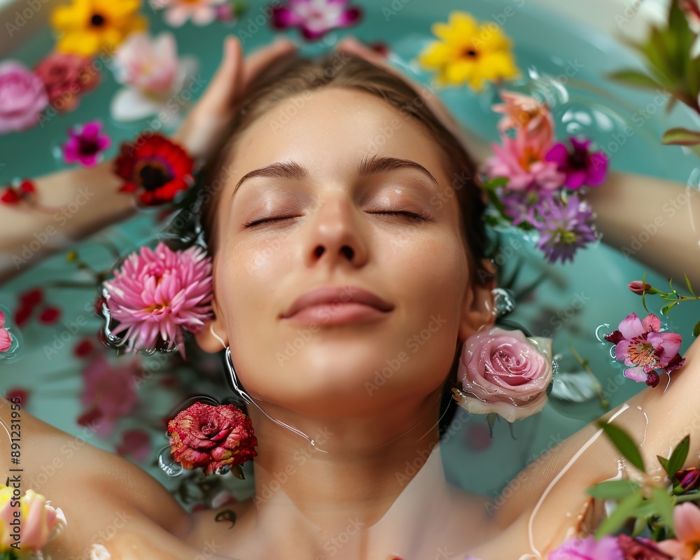 28. A young woman with flawless skin enjoying a flower bath in a luxurious setting 28. A young woman with flawless skin enjoying a flower bath in a luxurious setting