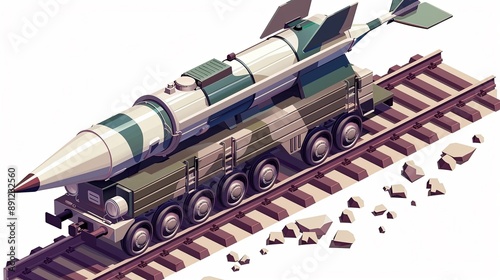 Futuristic Isometric Railway Rolling Combat Missile System (BZHRK) with Intercontinental Military Missiles in Ghost Train Design for 10100 km Firing Range photo