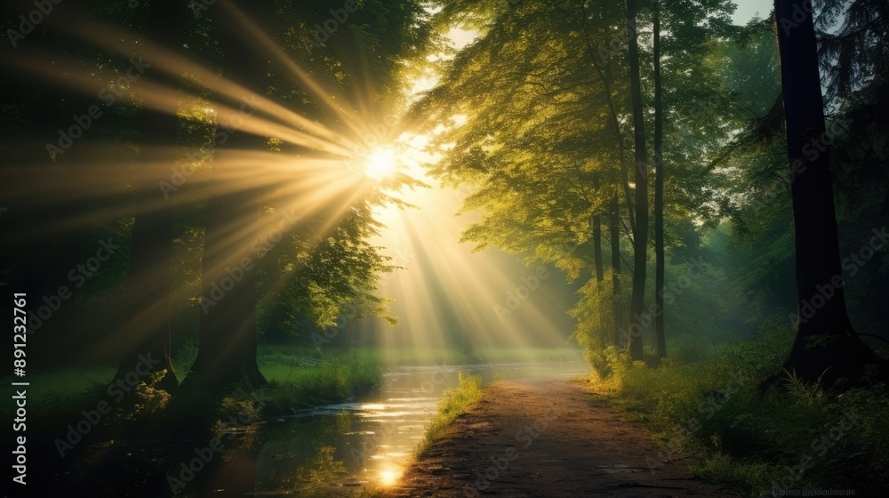 Obraz premium Sunbeams Through Forest Path.