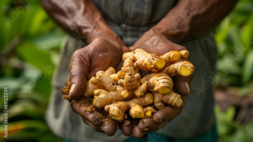 Close-up of a farmer's hands holding freshly harvested turmeric roots, symbolizing organic farming and fresh produce, ideal for themes related to agriculture and healthy eating. photo