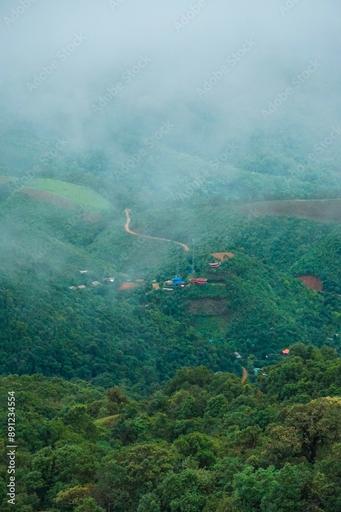Fototapeta premium A mountain range covered in lush green trees and a foggy sky