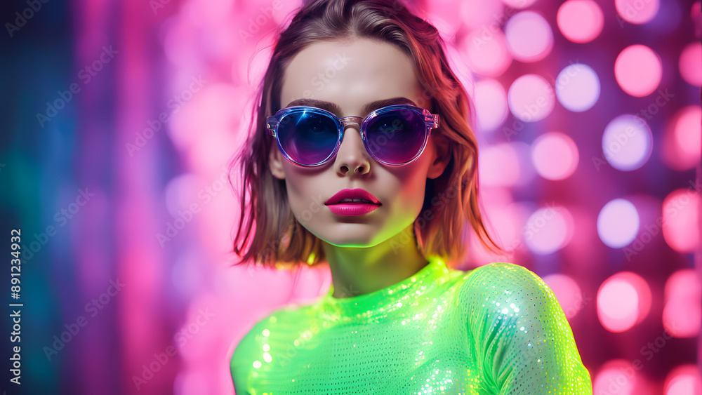 Fashion editorial Concept. Young trendy woman in plastic shiny top and sunglass in bokeh neon fluorescent light glow shining light background. copy text space Fashion editorial Concept. Young trendy woman in plastic shiny top and sunglass in bokeh neon fluorescent light glow shining light background. copy text space