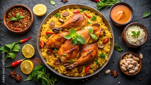 Delicious chicken biryani dish surrounded by spices and ingredients on dark background