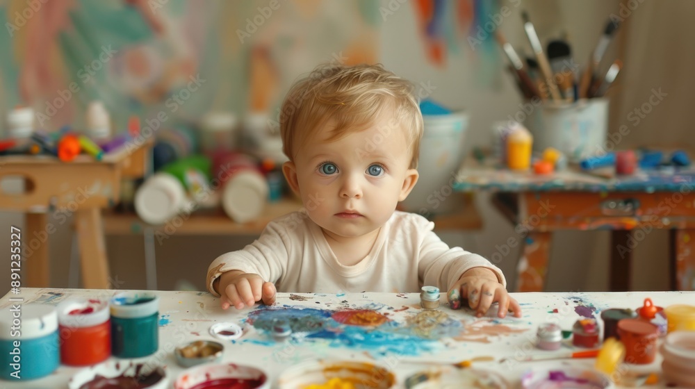 Baby's curious eyes on art supplies, teaching, creative expression Baby's curious eyes on art supplies, teaching, creative expression