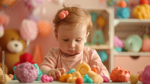 Baby touching colorful textured shapes, sensory play, baby growth