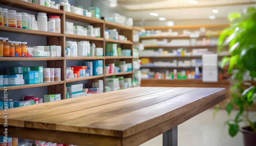 pharmacist in pharmacy.a pharmacy, featuring an empty wooden table counter and shelves filled with various healthcare products in the background. The background is intentionally blurred to focus atten pharmacist in pharmacy.a pharmacy, featuring an empty wooden table counter and shelves filled with various healthcare products in the background. The background is intentionally blurred to focus atten