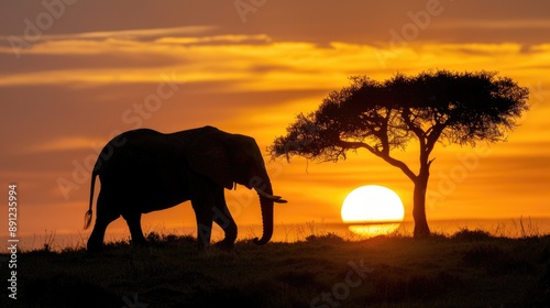 Silhouette of an elephant walking across the savannah at sunse © MarkFinal