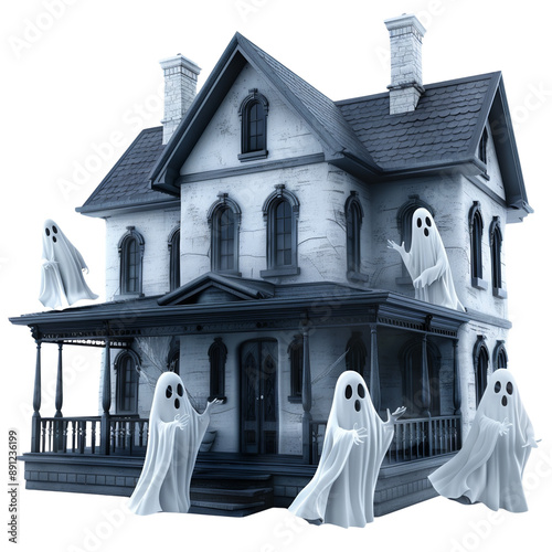 Spooky haunted house with ghosts surrounding a Victorian-style building, perfect for Halloween-themed designs and spooky illustrations. cut out. png. transparent background. photo