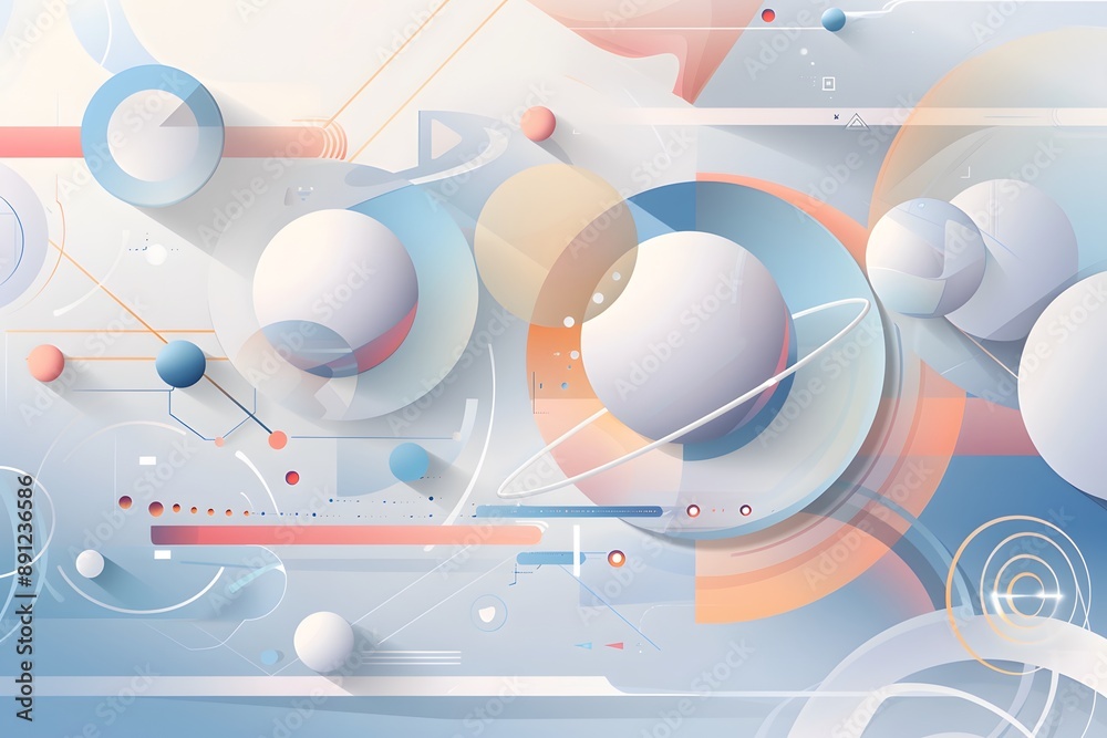 Obraz premium Geometric composition with spheres and lines in pastel blue, orange, and white tones