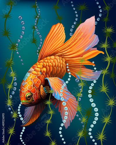 Vector illustration with fish.Goldfish in seaweed with air bubbles on a colored background in vector illustration.