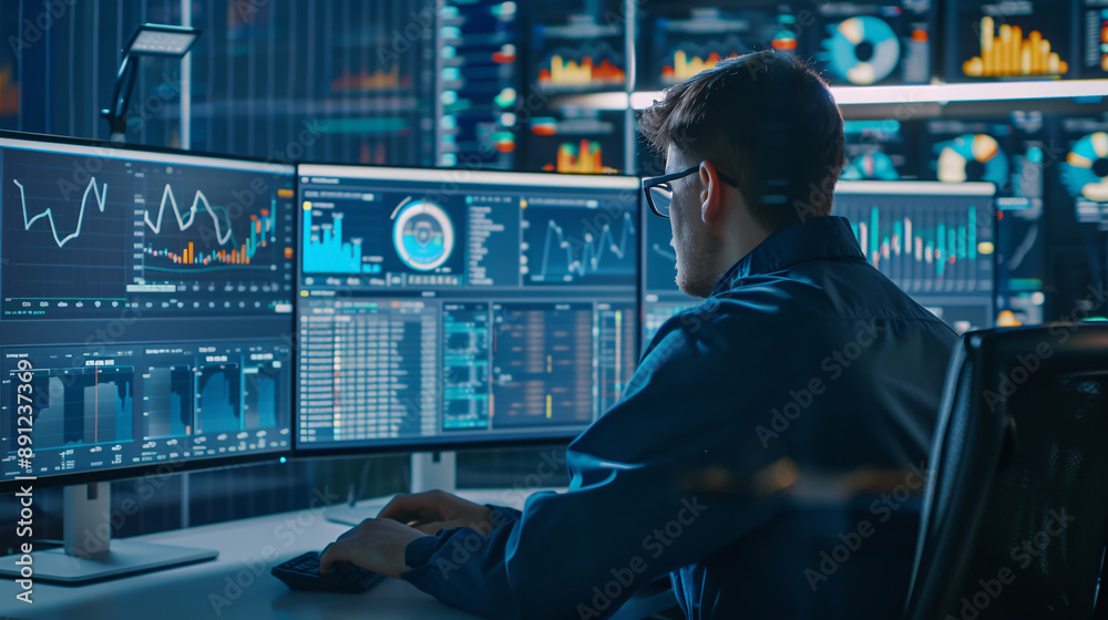 An analyst using a computer and dashboard for business data analysis ...