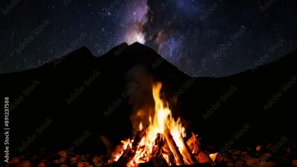 A mesmerizing campfire burning brightly under a starry night sky with ...