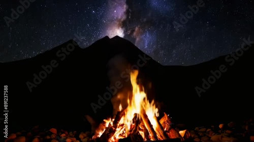 A mesmerizing campfire burning brightly under a starry night sky with the Milky Way visible above silhouetted mountains.