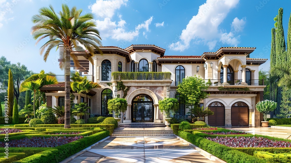 Obraz premium Luxury house with beautiful landscaping on a sunny day. Home exterior