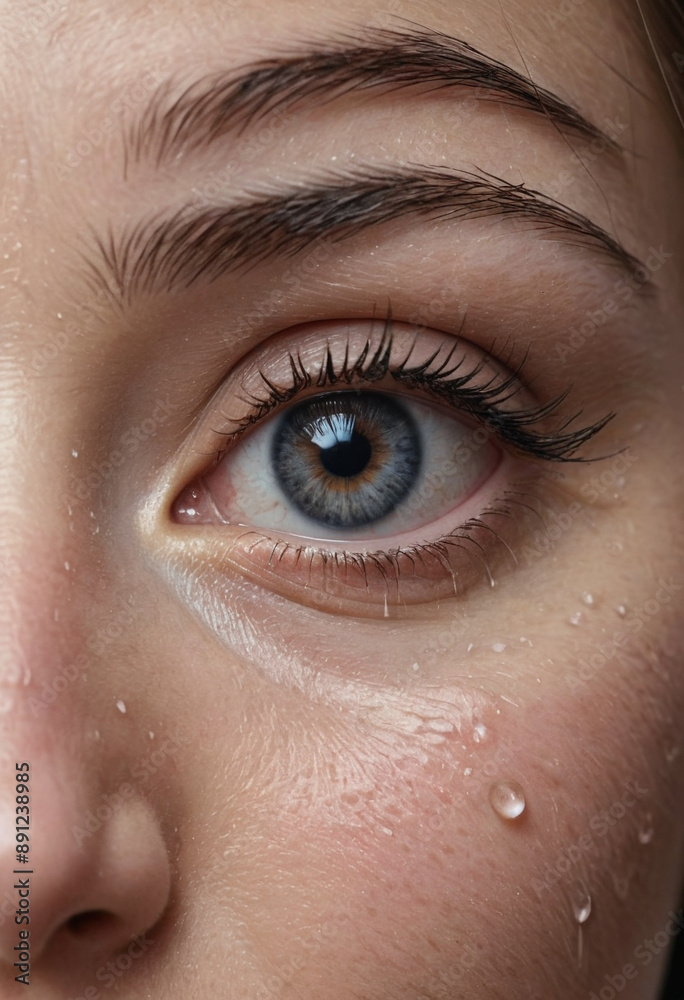 Fototapeta premium Sadness: Tears in eyes, slumped over in despair.