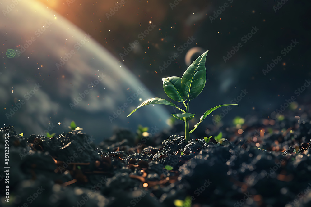 Illustration of a single plant growing in space, featuring a futuristic setting with stars and galaxies in the background, symbolizing life and growth beyond Earth. Illustration of a single plant growing in space, featuring a futuristic setting with stars and galaxies in the background, symbolizing life and growth beyond Earth.