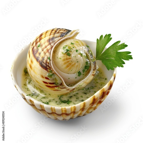 A sophisticated serving of escargot with garlic butter, French delicacy, realistic, isolated on white background