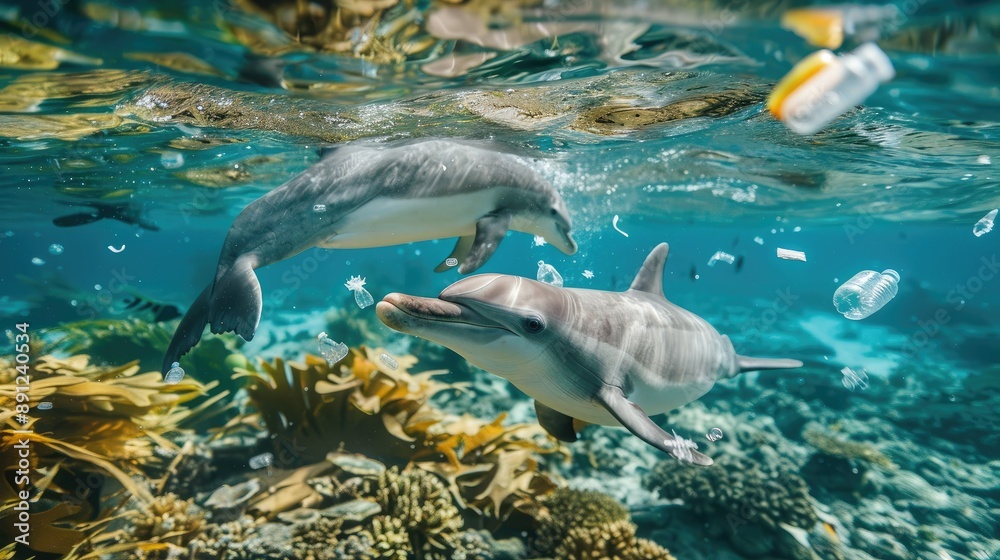 Obraz premium Sea creatures ingesting plastic debris, highlighting the severe issue of marine pollution and its effects on wildlife