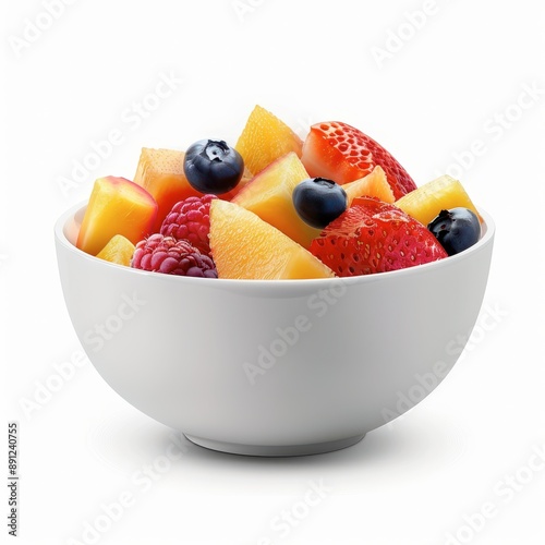 A colorful fruit salad in a stylish bowl, healthy eating, realistic, isolated on white background