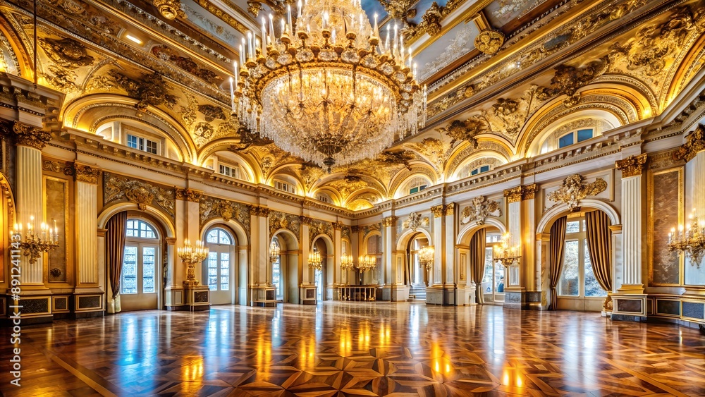 Obraz premium Luxurious ballroom shining with golden ornaments and crystal chandeliers