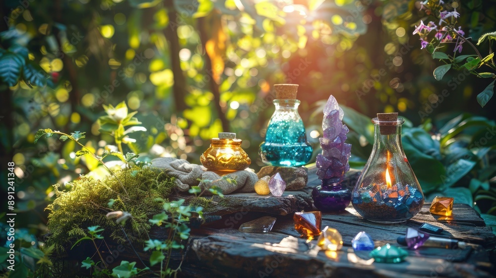 Magical Forest Setting with Witch Bottles and Gemstones for Healing and Relaxation Magical Forest Setting with Witch Bottles and Gemstones for Healing and Relaxation