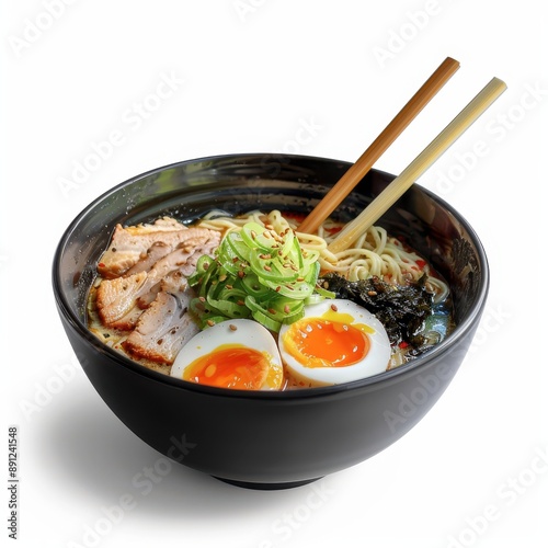 A stylishly served bowl of ramen with toppings, Asian cuisine, realistic, isolated on white background