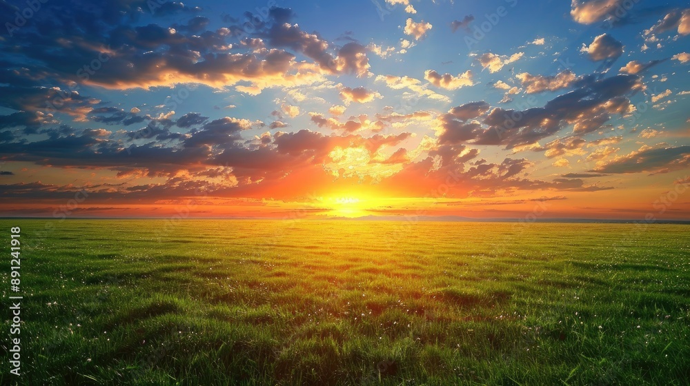 Fototapeta premium Magnificent sunset over vast green field