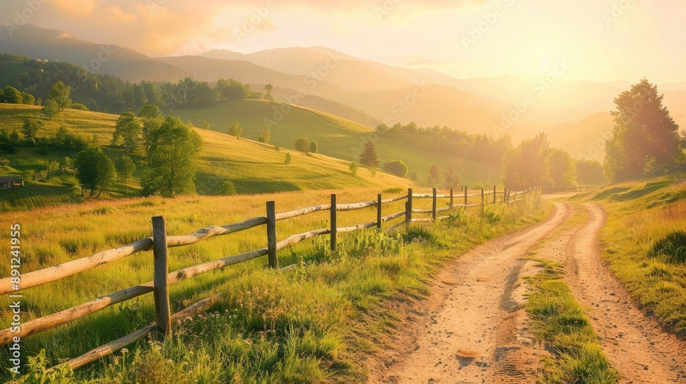 Sunrise illuminating a rural road, wooden fence along the path, with green hills and meadows. Summer landscape Sunrise illuminating a rural road, wooden fence along the path, with green hills and meadows. Summer landscape