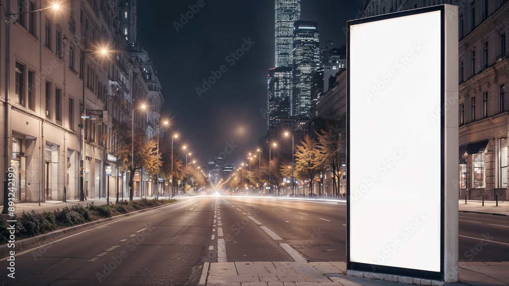 Blank mockup of a modern white vertical street poster against the backdrop of an evening, nocturnal metropolis. Blank mockup of a modern white vertical street poster against the backdrop of an evening, nocturnal metropolis.