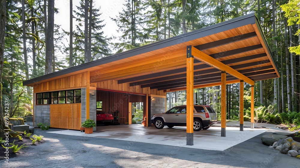 Sustainable architecture garage with passive solar design, energy-efficient features, and eco-friendly building materials Sustainable architecture garage with passive solar design, energy-efficient features, and eco-friendly building materials