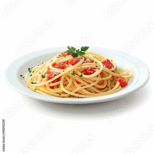 A plate of pasta with gourmet sauce and herbs, Italian cuisine, realistic, isolated on white background